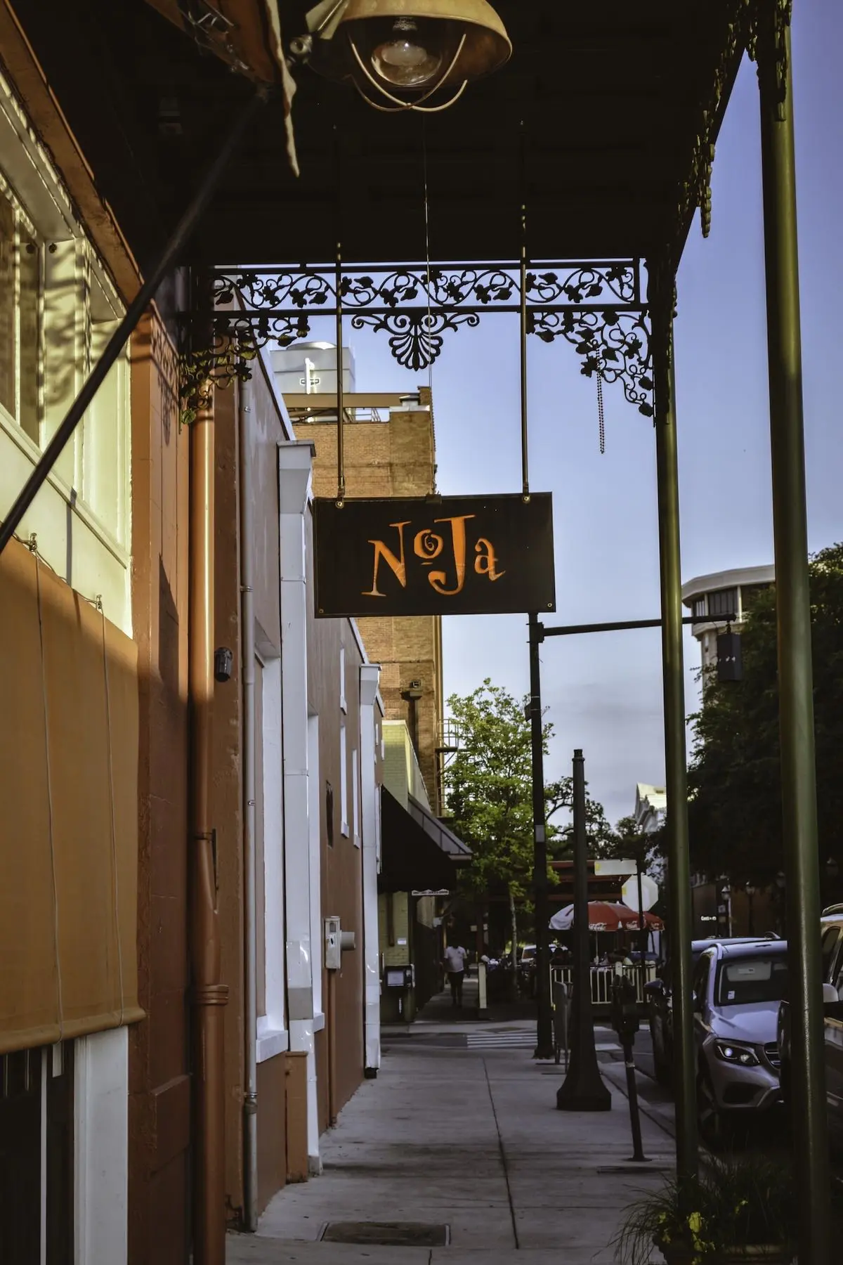 NoJa Restaurant's entrance on North Jackson Street in downtown Mobile at evening
